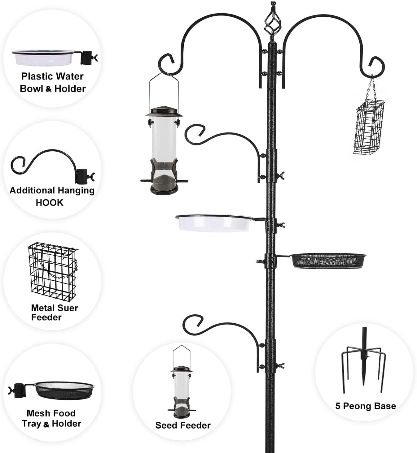 Bird Feeding Station Kit Bird Feeder Pole Wild Bird Feeder Hanging Kit Planter Hanger Multi Feeder Hanging with Metal Suet Feeder Bird Bath for Attracting Wild Birds