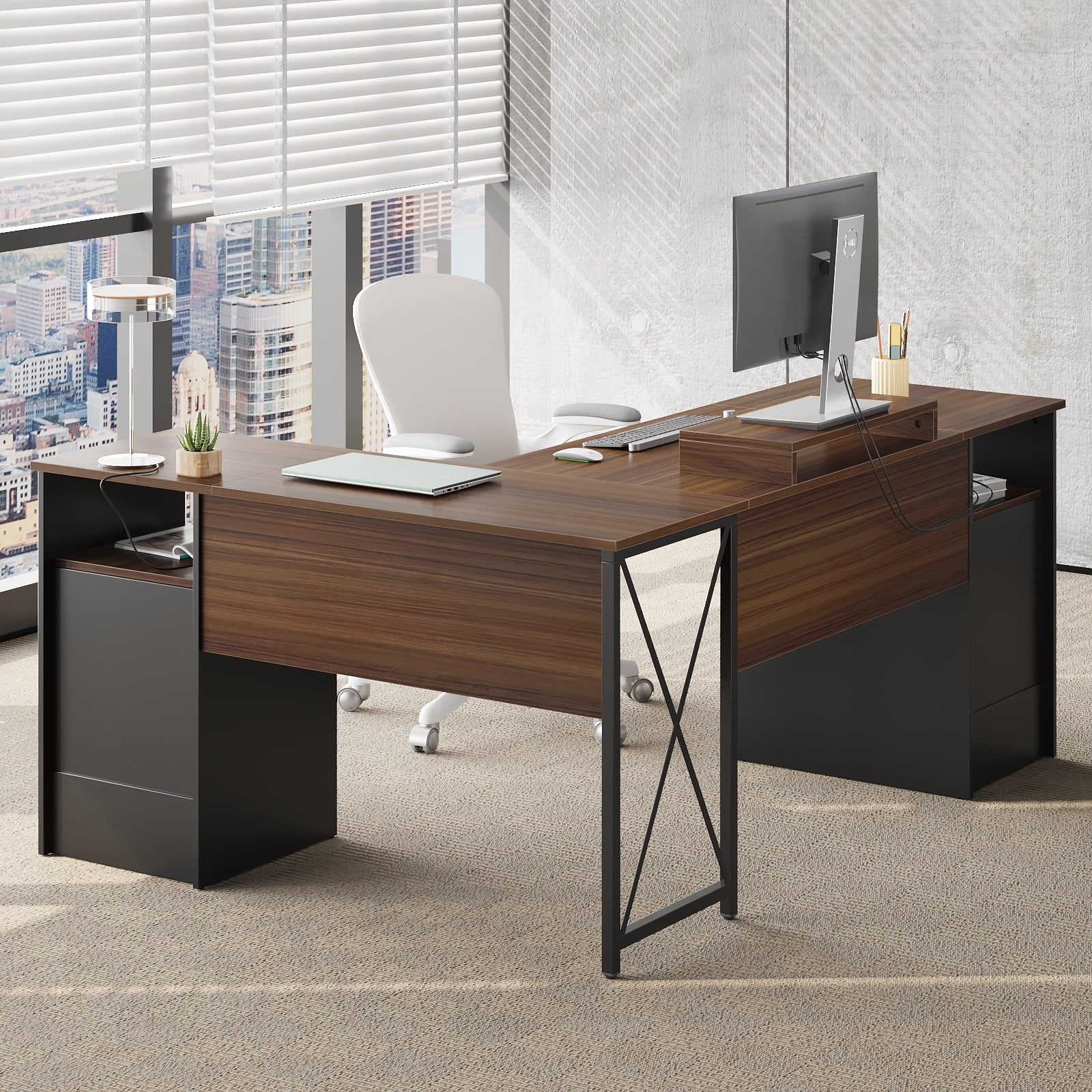 Bestier L Shaped Desk with 4 Drawers, 63" x 47" Executive Office Desk with Monitor Stand, Cherry