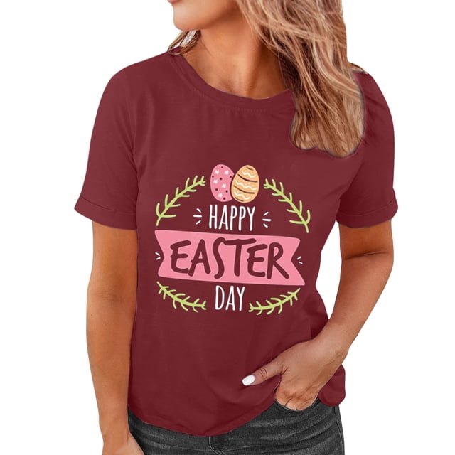 Pxiakgy Liquidation! Joyeuses Pâques! T-Shirts pour Femmes, T-Shirt Graphique Lapin de Pâques, T-Shirts de Vacances Œuf de Pâques, Mode Féminine Col Rond Manches Courtes T-Shirt Imprimé Pâques Vin TG