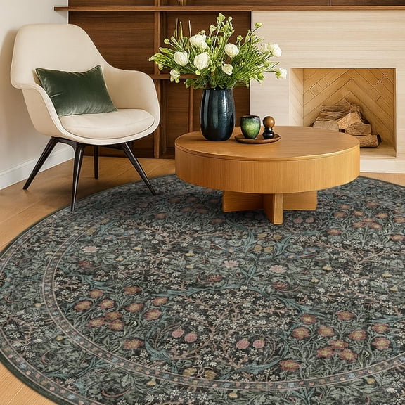 Washable Round Area Rug 6 Feet Non Slip Vintage Dark Green Black Floral Low Pile Circular Carpet
