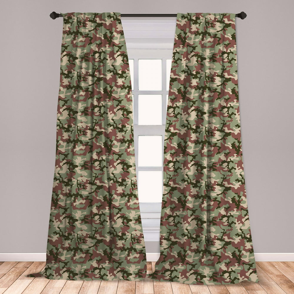 Camo Curtains 2 Panels Set, Illustrated Green Camouflage in Forest