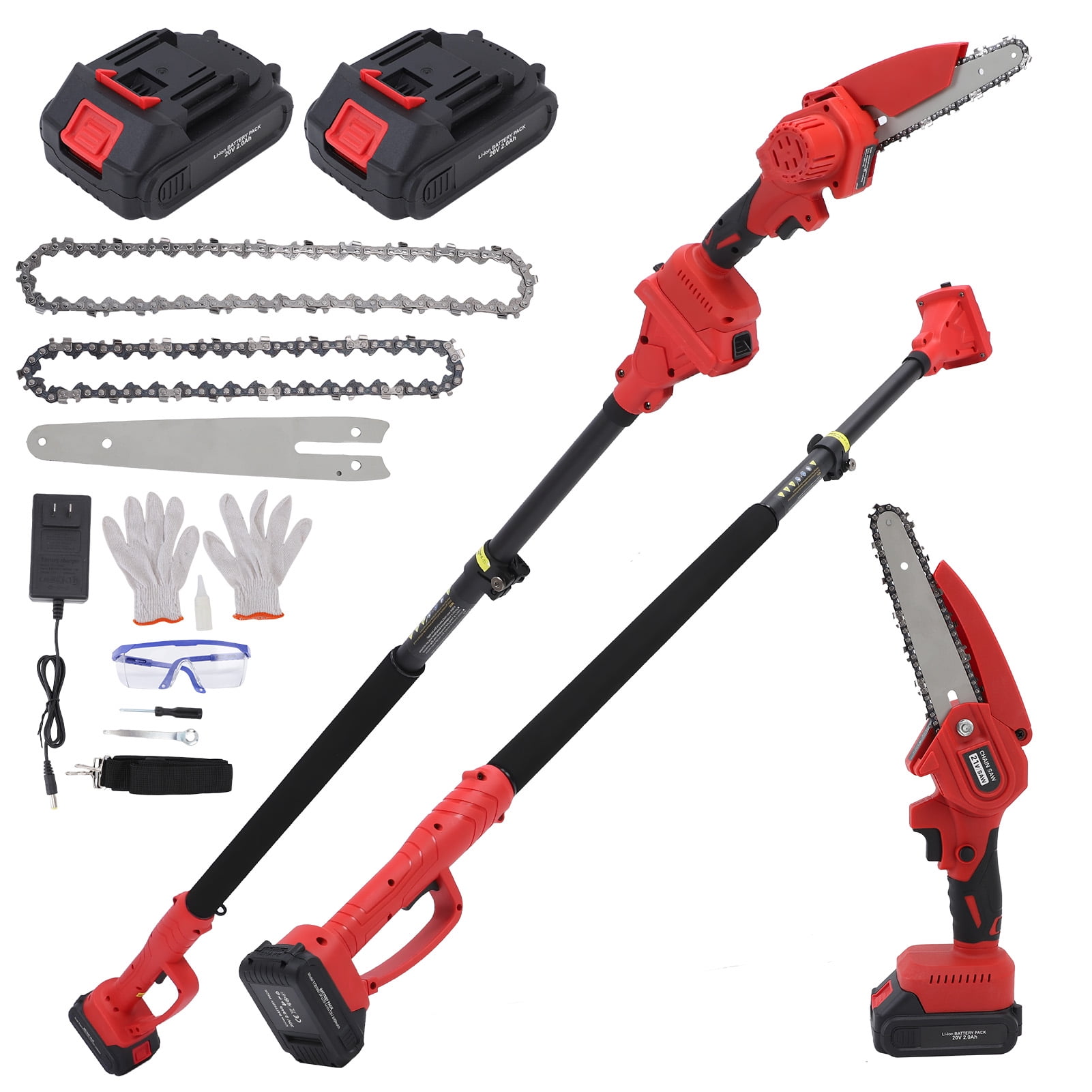 2-in-1 Brushless Cordless Pole Saw,6+8in Mini Chainsaw & Pole Saw with 2pcs 2.0A Batteries, 13.6ft Max Reach Brach Tree Saw Telescoping Extension Rod for Wood Tree Trimming Wood Cutting,Red
