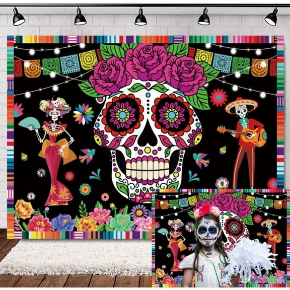 7x5FT Day of the Dead Background Skeleton Carnival Party Mexican Photography Background Day of the Dead Photo Booth Banner Decorations Supplies