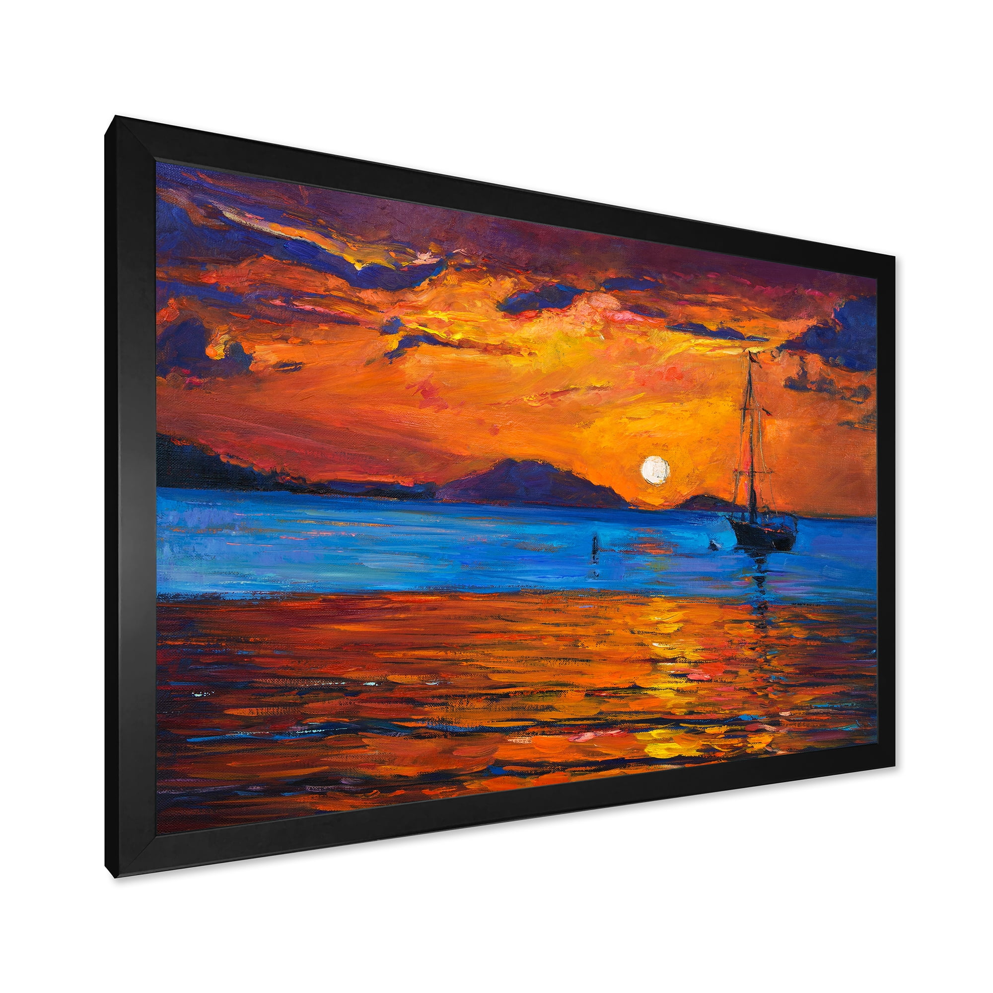 Boat At The Lake During Evening Glow IX 20 in x 12 in Framed Painting Canvas Art Print, by Designart