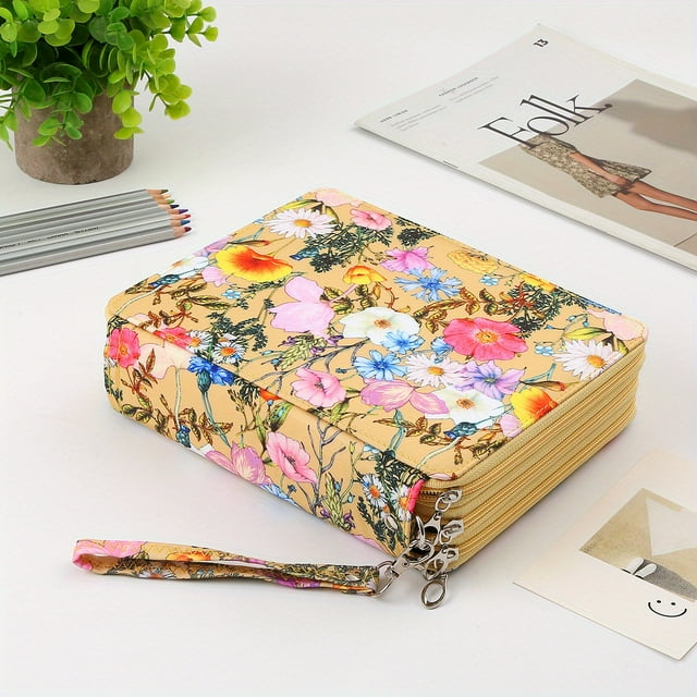 Portable Colored Printing Pattern Pencil Case Holds 124 Pcs Pencils Bag Organizer With Handy Wrap Portable- Multilayer Holder For Prismacolor Crayola Colored Pencils