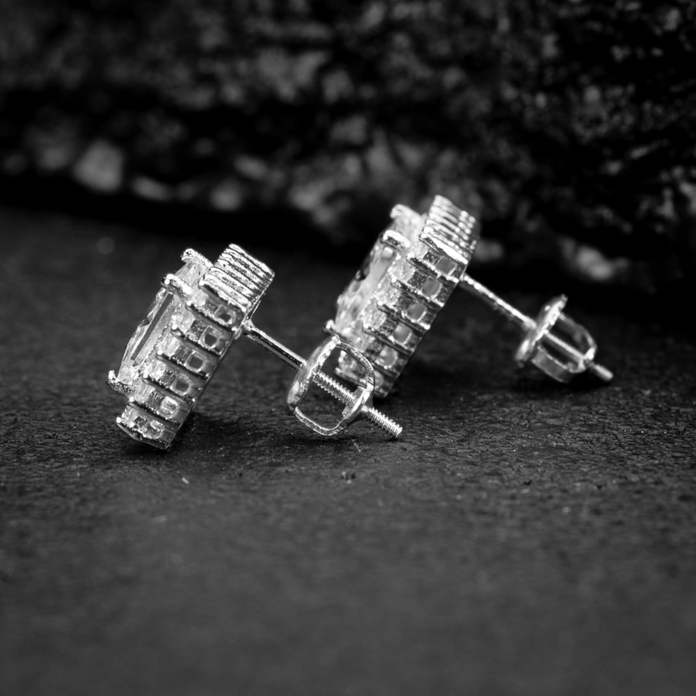 White Gold 925 Sterling Silver Unisex Square Princess Cut Halo Stud Screw Back Earrings