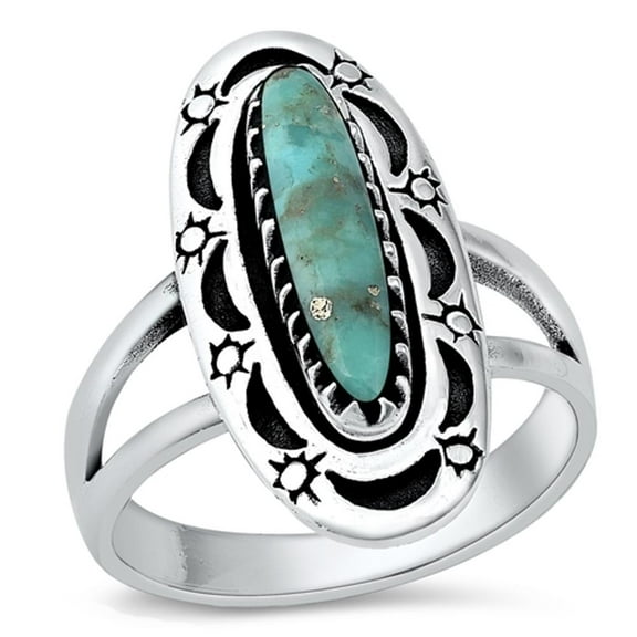 Sun Moon Chunk Simulated Turquoise Ring .925 Sterling Silver Band Blue CZ Jewelry Female Size 5