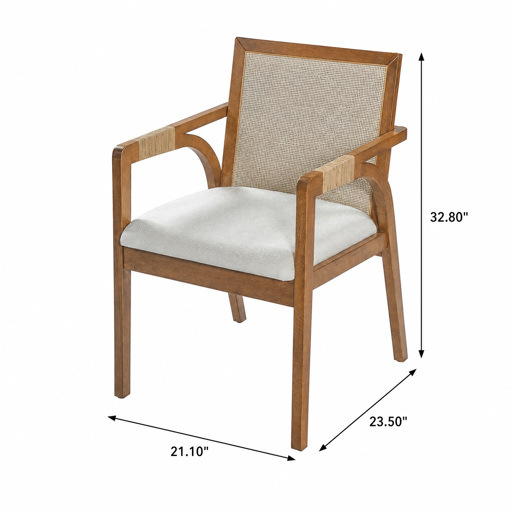 Dining Arm Chairs Set of 2, Rubber Wood Frame Dining Chairs with Textilene Back, PE Rattan Decor Armrest, Upholstered Fabric Cushion, Indoor Kitchen Dining Chairs, Walnut Frame with Beige Cushion