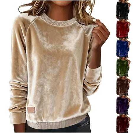 QATAINLAV Womens Velvet Shirts Casual Crewneck Long Sleeve Shirts Solid Color Pullover Sweatshirts Athletic Tops Blue XXL