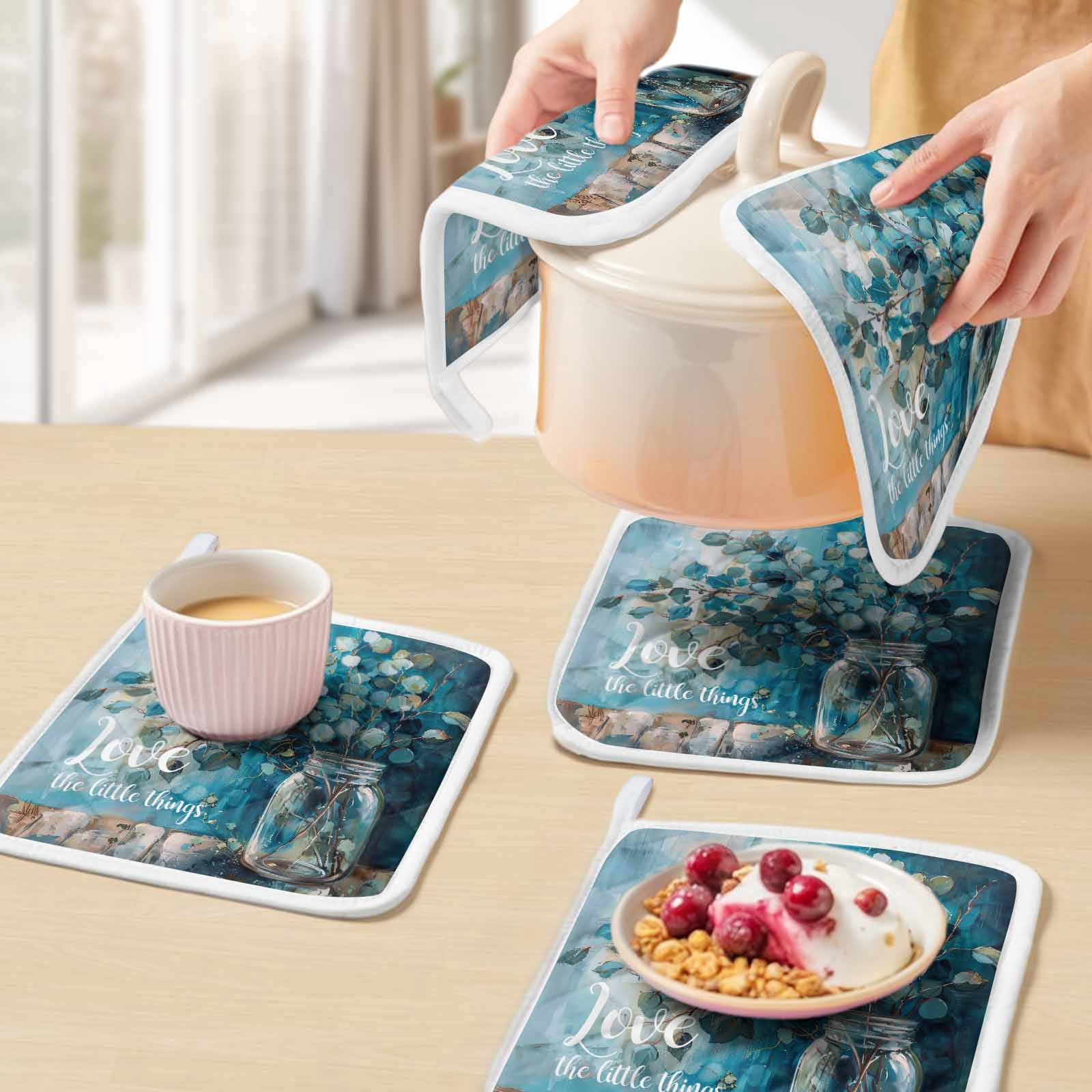 Blue Teal Spring Floral Pot Holders for Kitchen Heatproof Potholder, 5 Pack Modern Botanical Oil Painting Art Hot Pads Multipurpose Oven Pads Cloth Potholders Trivet for Cooking Baking