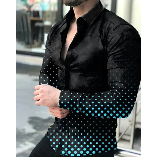 Camisa social de lujo para hombre, camisa con botones de solapa, camisa tipo cárdigan de manga larga con estampado de patrón irregular, camisa de calle para hombre para club de baile