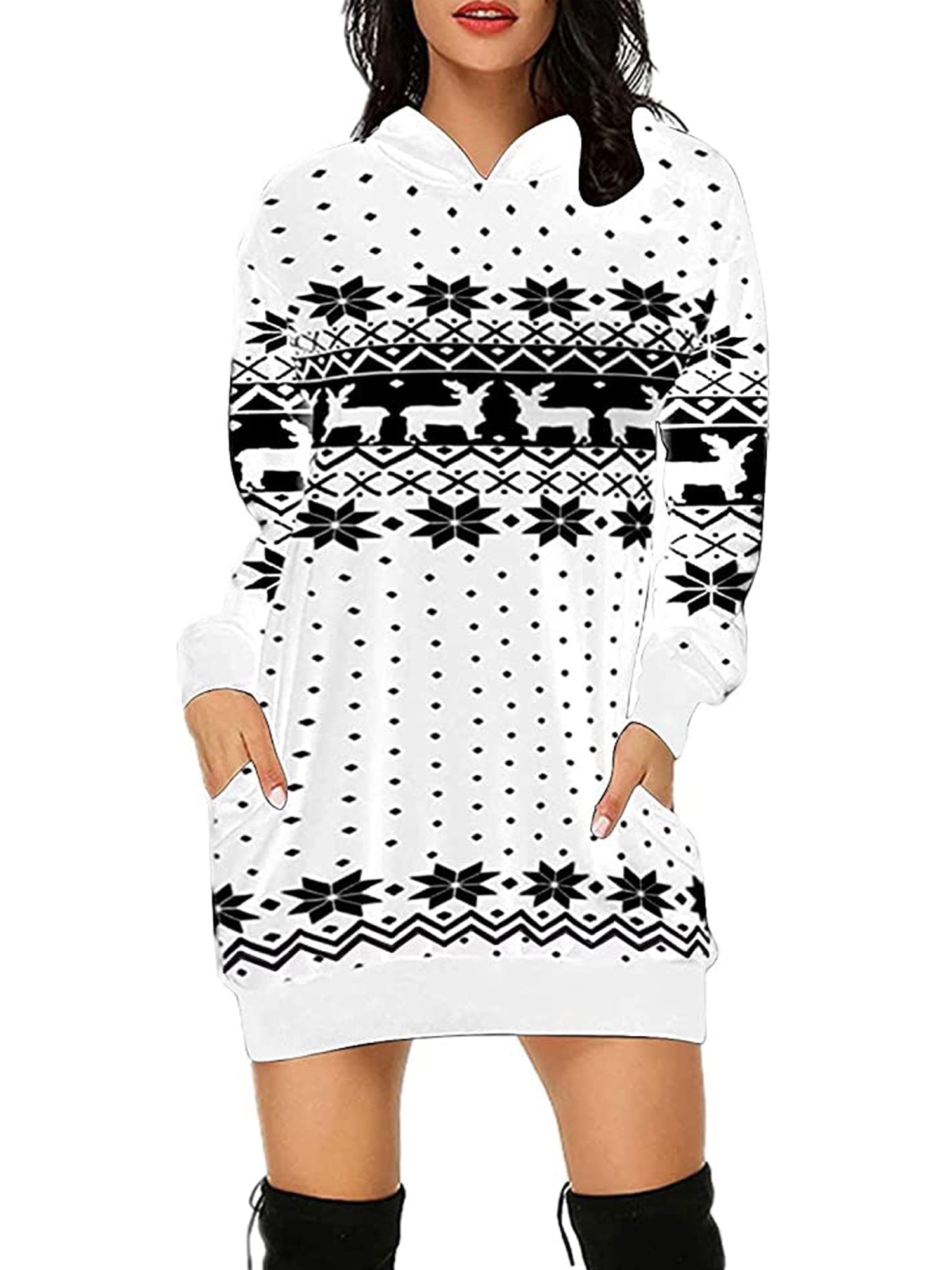 Women Christmas Hooded Dress Sexy Elk Printing Long Sleeve Drawstring One Piece Dress Walmart Com