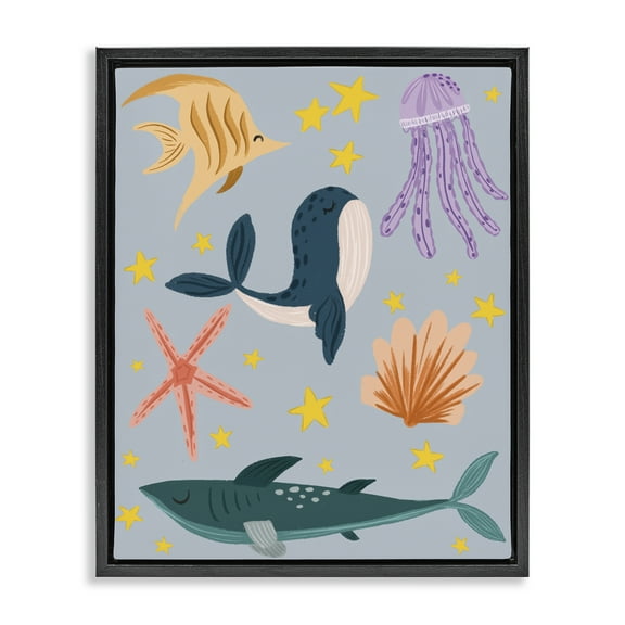Stupell Industries Whimsical Marine Creatures Animals Painting Black Floater Framed Canvas Art Print Wall Art, 17 x 21