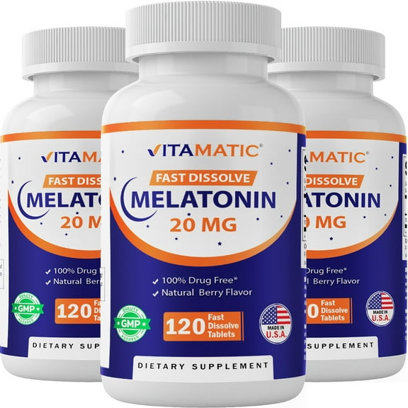 Vitamatic Melatonin 20 mg Fast Dissolve Vegetarian Sleep Aid, 3 Pack, 360 Tablets