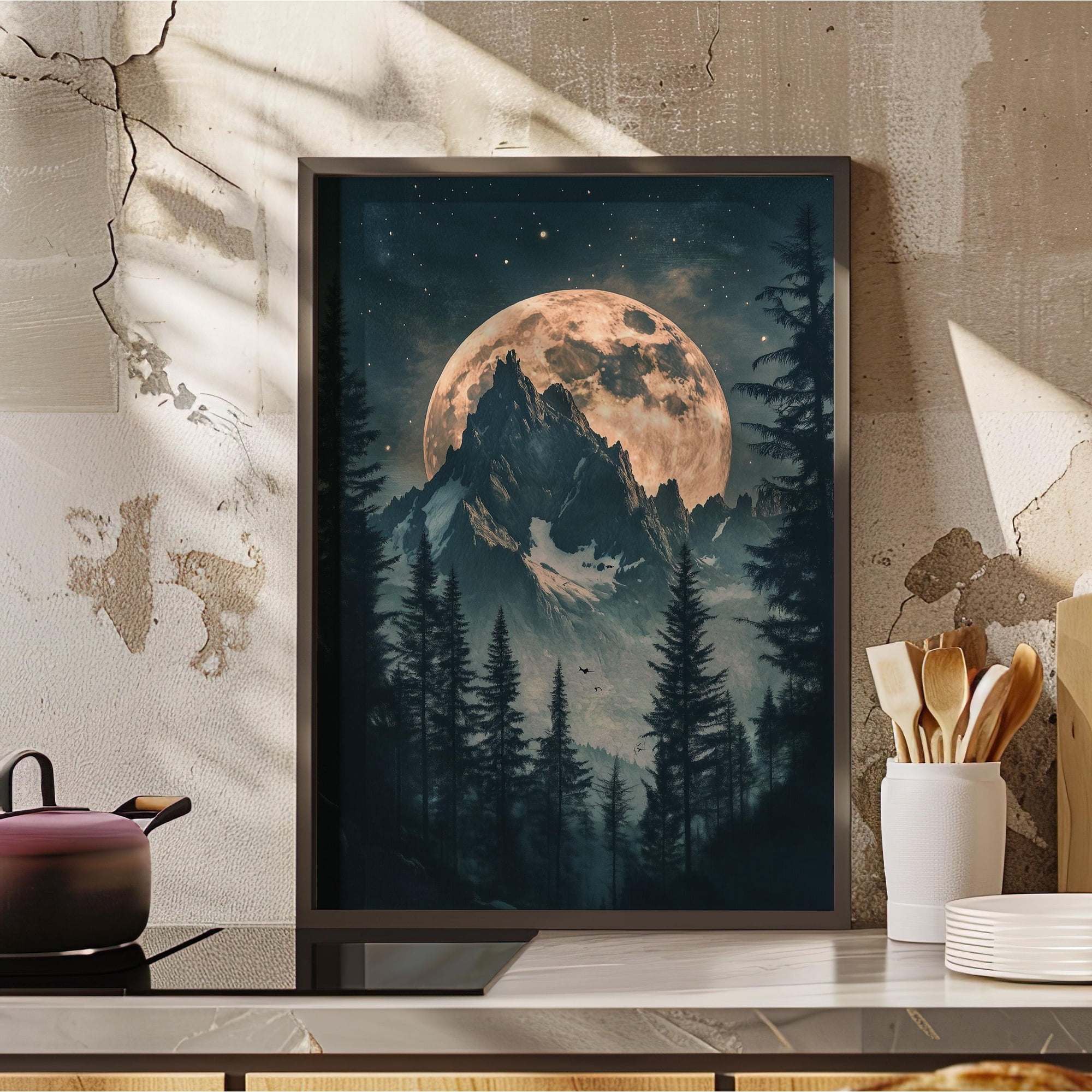 Mystical Moon Behind Mountains Moody Wall Art Poster Moonlit Forest Landscape Rustic Nature Art Print Magical Night Art Poster Only