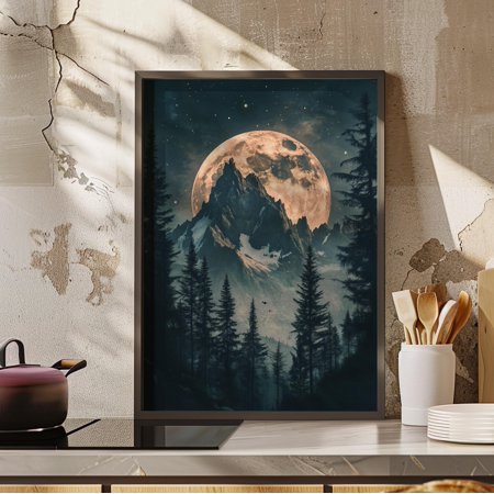 Mystical Moon Behind Mountains Moody Wall Art Poster Moonlit Forest Landscape Rustic Nature Art Print Magical Night Art Poster Only