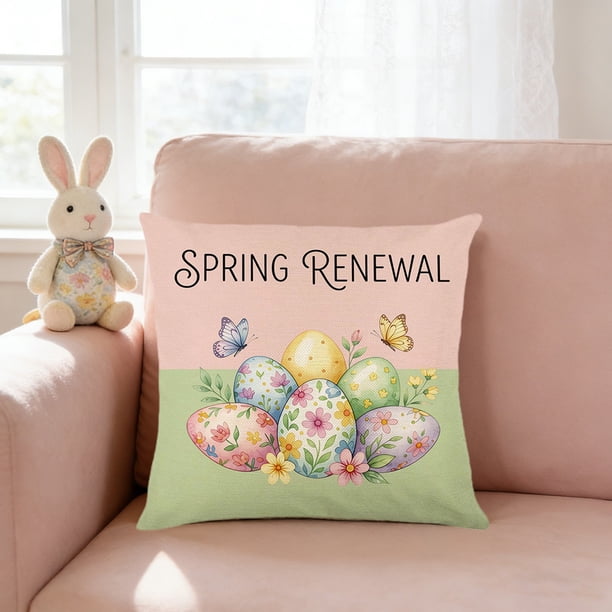 Juego de fundas de cojín de Pascua | Funda de cojín de lino para sofá con decoración primaveral de conejo y huevo | Decoración navideña multicolor de 45 x 45 cm para el salón