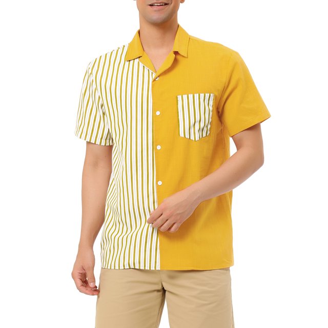 Unique Bargains Men's Shirts Short Sleeve Summer Cotton Patchwork Button Down Shirts