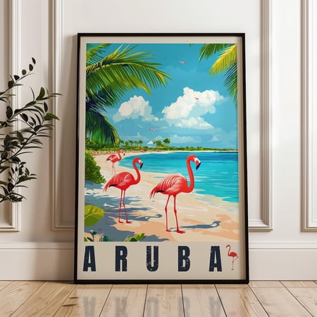 Aruba Travel Print, Caribbean Flamingo Beach Art Print, Unframed Paper Poster 8x10in