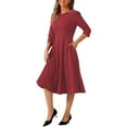 thumbnail image 4 of INSPIRE CHIC Women's Elegant Work Dress 3/4 Sleeve Pleated Round Neck Swing Midi Dress XS Dark Red, 4 of 6