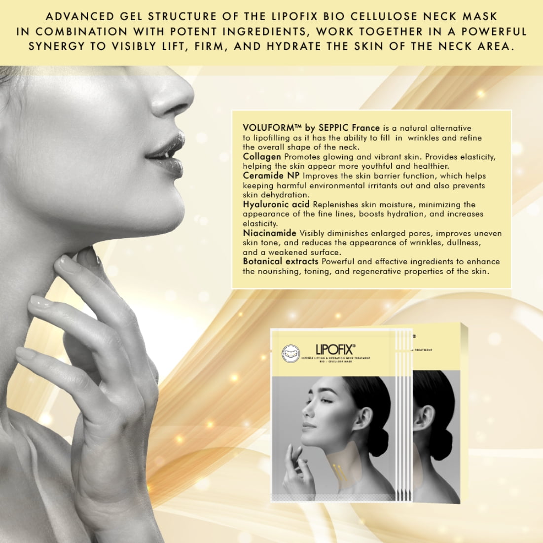 LipoFix. Tighten & Lift Advanced Collagen Neck Mask, Improves Crepey skin & Fine Lines 5Pc
