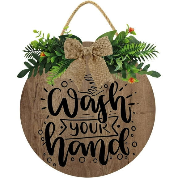 Eveokoki 11" Wash Your Hands Front Door Sign Funny Wreaths Hanging Wooden Plaque Decoration Round Rustic Wood Farmhouse Porch Decor for Home Front Door Decor