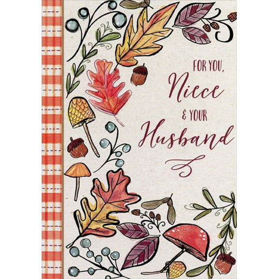 Designer Greetings Fall Leaves, Vines, Acorns and Plaid Border Thanksgiving Card for Niece and Husband
