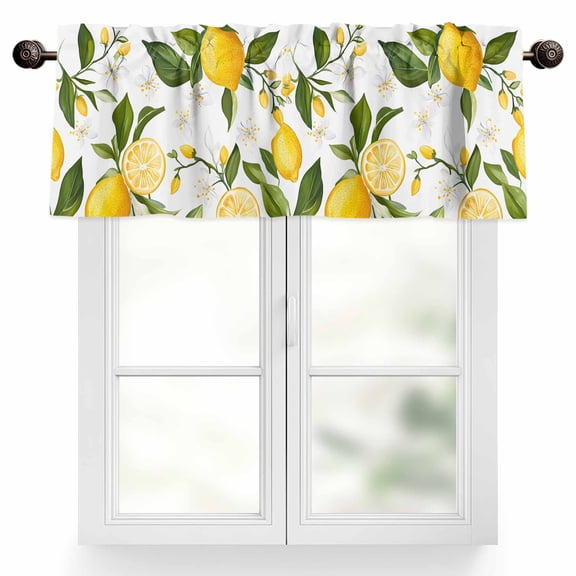 Lemon Summer Valances for Windows, 42 x 18in, Floral Lemon Yellow Green Rod Pocket Kitchen Valance Curtain Light Filtering Window Treatments for Living Room Bedroom, 1 Panel