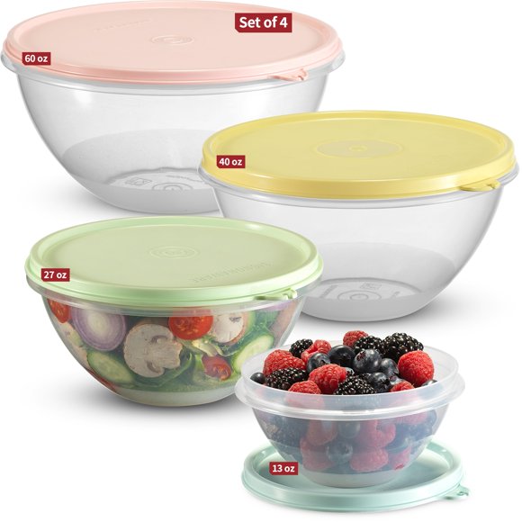 Food Storage Containers with Lids Set of 4 - 60oz, 40oz, 27oz, 13oz Meal Prep Containers Reusable Plastic – Food Safe Round Nesting Bowls with Airtight Leakproof Lids – Freezer and Dishw