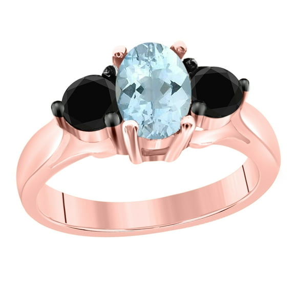 AoneJewelry 1.50 Carat Oval Shape Aquamarine and Black Diamond Ring in 10K Solid Rose Gold