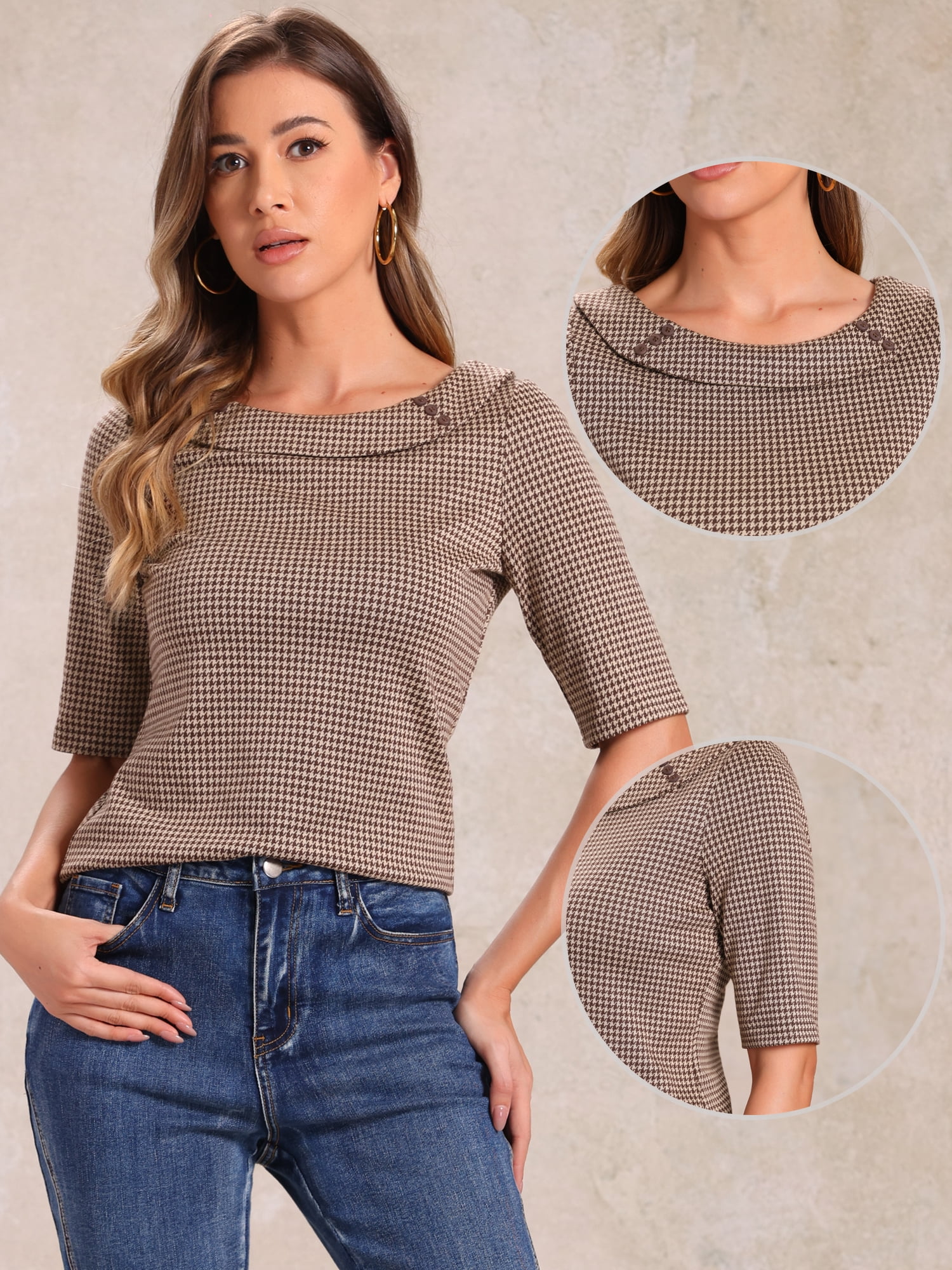 DARING DIVA Women's Half Sleeve Boat Neck Houndstooth Tops M Brown