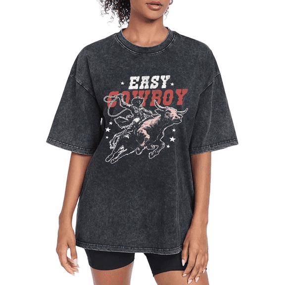 Black Washed Print Tshirt Graphic Tees Shirts Easy Cowboy Bull Rider Western Casual Wear S-2XL Tops