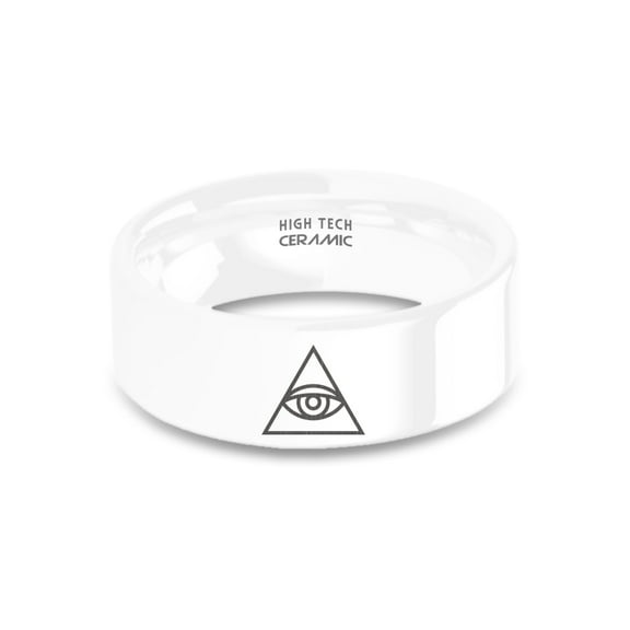 Eye of Providence Masonic Pyramid Engraved White Ceramic Ring, 8mm, Size 15