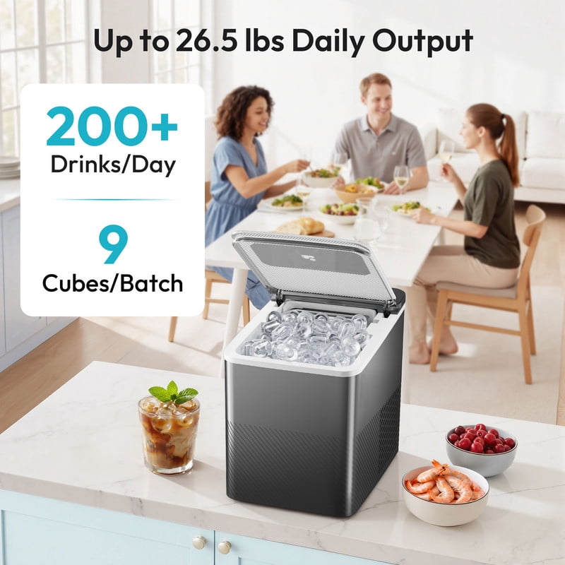 EUHOMY Countertop Ice Maker, Portable 2-Size Bullet Ice Machine with Self-Cleaning, 26.5 Lbs/24H, Grey