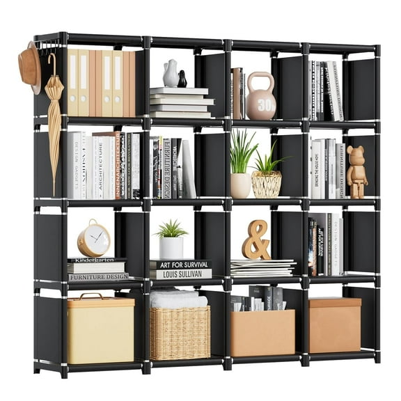 16 Cubes Ladder Bookcase Storage Rack, Bookshelf Bookcase Clothes Toys Storage Organizer Adjustable Standing Shelving Rack for Office Home Bedroom, Black