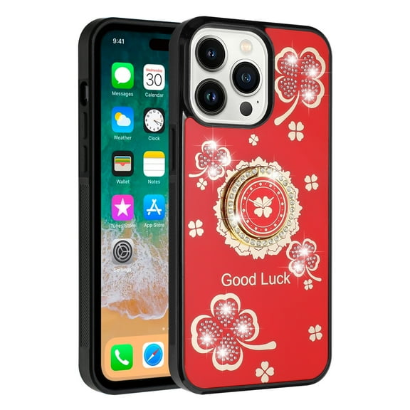 For Apple iPhone 15 (6.1") Diamonds 3D Bling Sparkly Glitter Ornaments Engraving Hybrid Metal Fashion Cover ,Xpm Phone Case [ Red Good Luck Floral ]