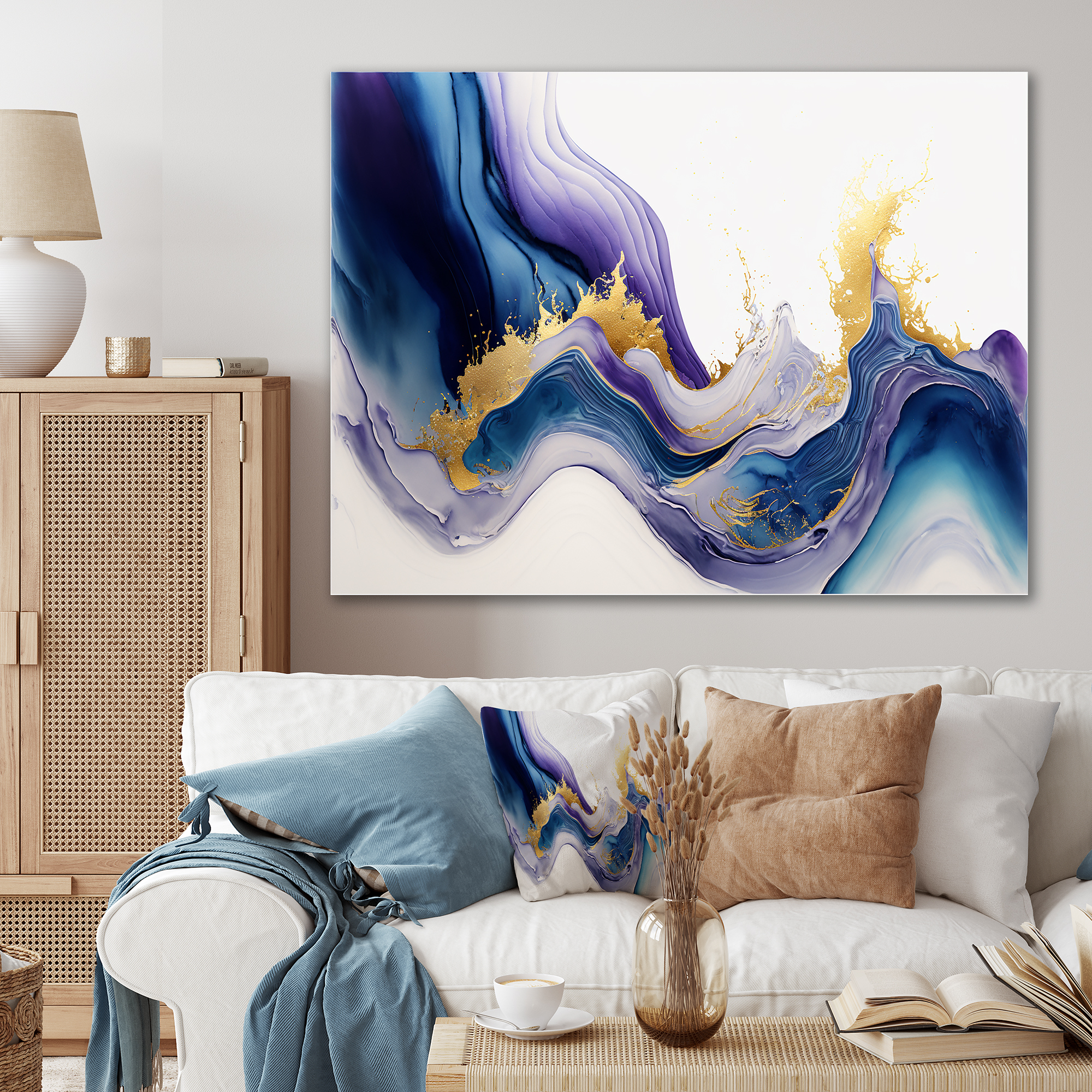Designart Blue And Gold Splash Paint V Canvas Wall Art