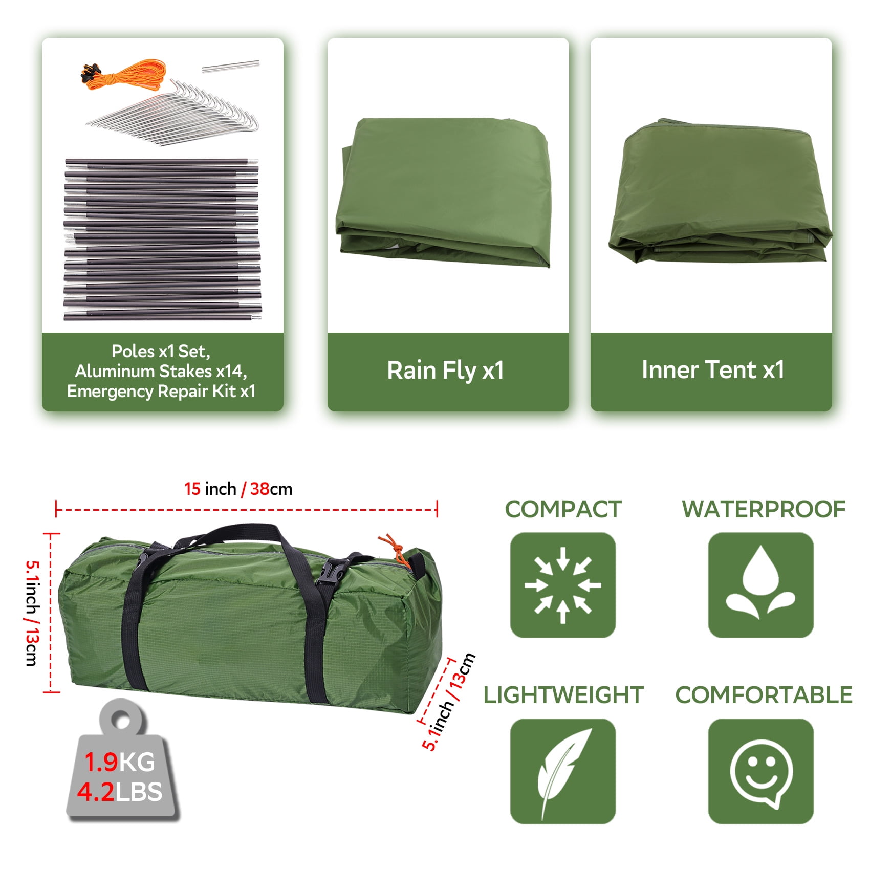 Tesleader Lightweight 1-Person Backpacking Tent, 3 Season Ultralight Waterproof Camping Tent, Green