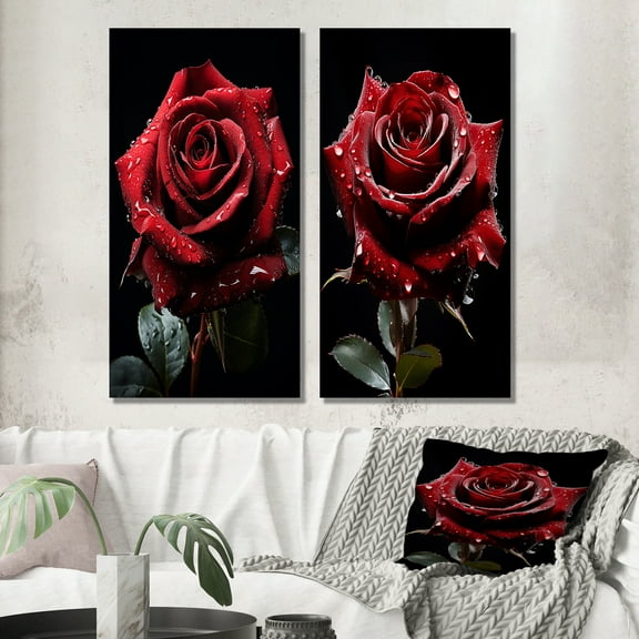 Designart "Red Black Rose gracefulness I" Rose Wall Art Set Of 2 - Red Floral Gallery Wall Set For Home Decor