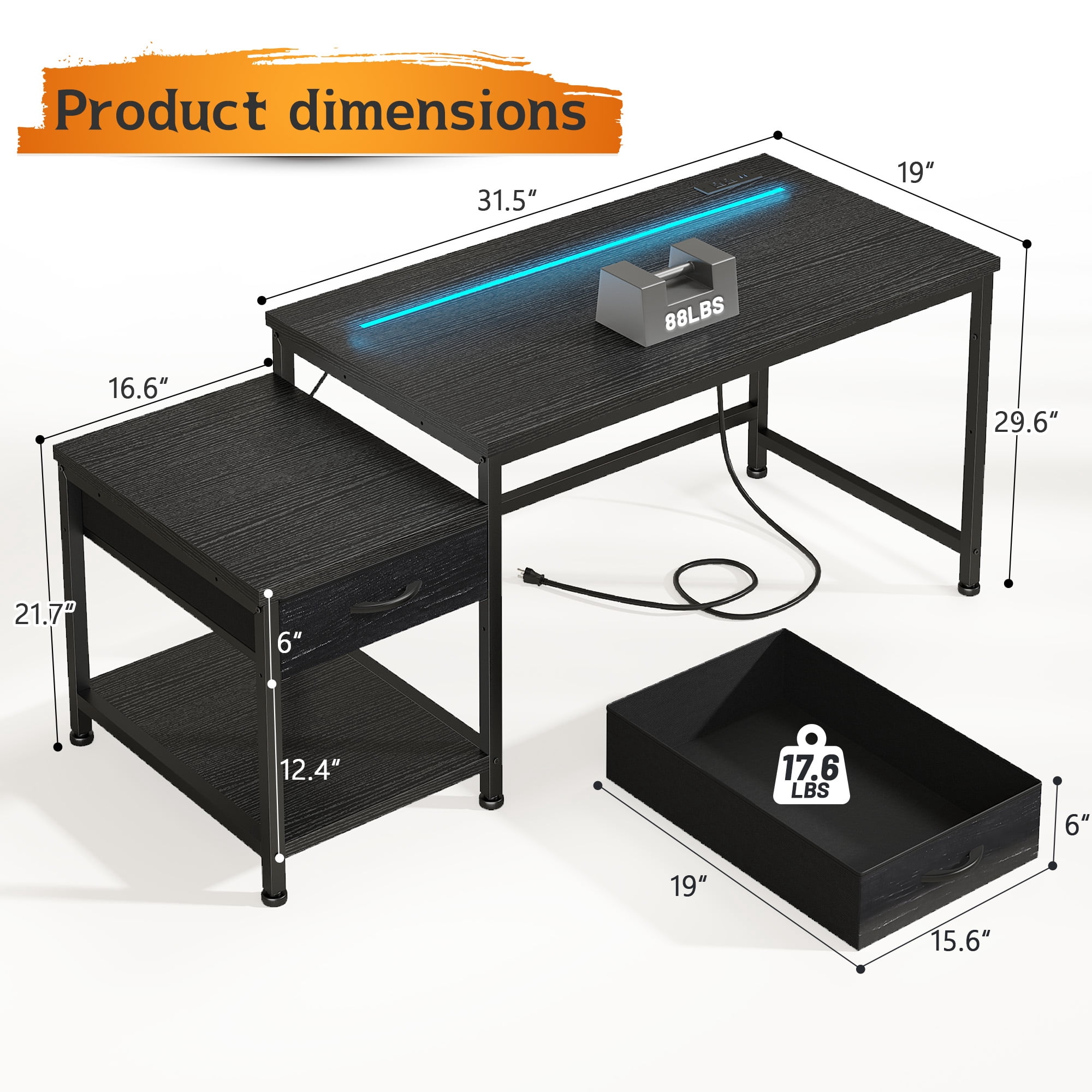 Romorgniz 48"W Gaming Desk with LED Lights & Power Outlets, Computer Desk with Fabric Drawer & Printer Shelf, Small Space Desk for Home Office, Dorm, Bedroom, Black