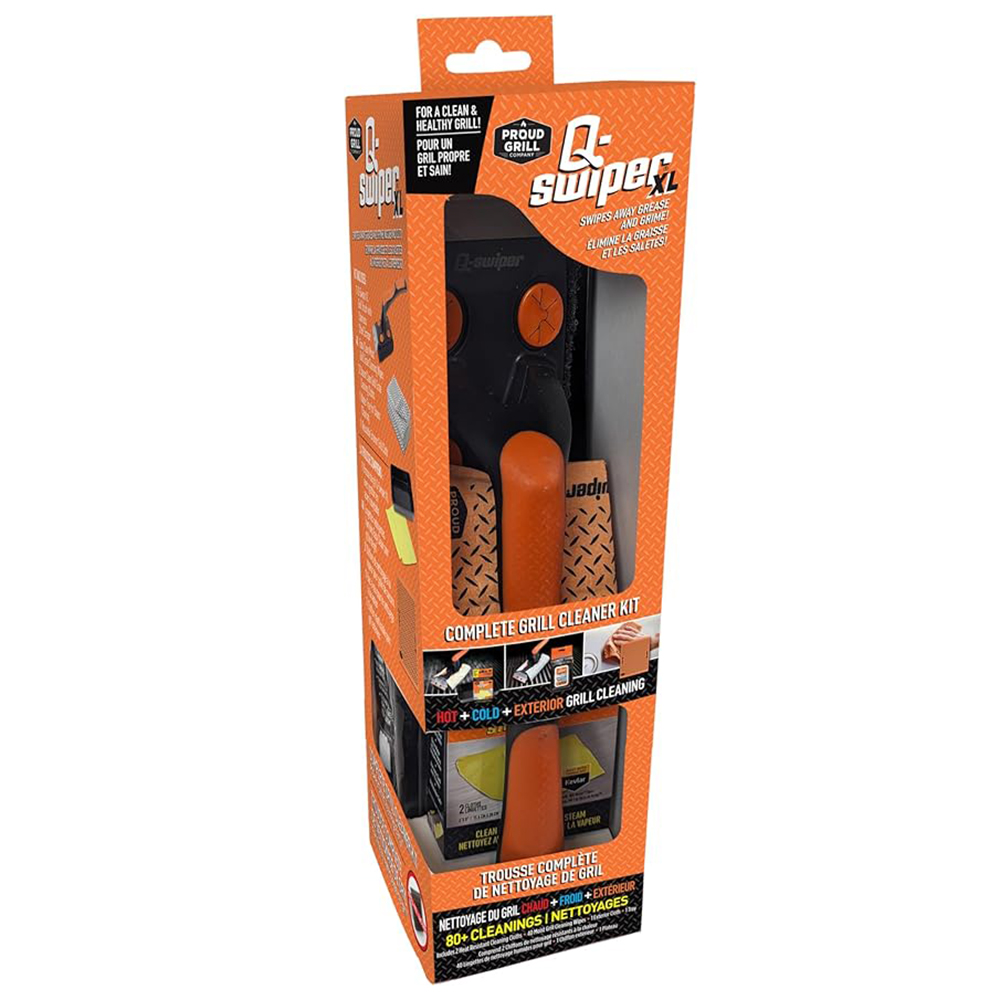 Proud Grill Q-Swiper XL Complete Grill Cleaner Kit for Hot + Cold + Exterior Grill Cleaning. Includes 1 Long Grill Brush, 2 Steam Clean Cloths, 40 Moist Grill Wipes, and 1 Exterior Reusable Cloth