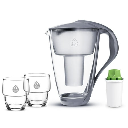 

Dafi Crystal Glass Filtering Water Pitcher 8 Cups Gray + 1 Alkaline Up Filter + 2 Drinking Glasses Made In Europe BPA-Free