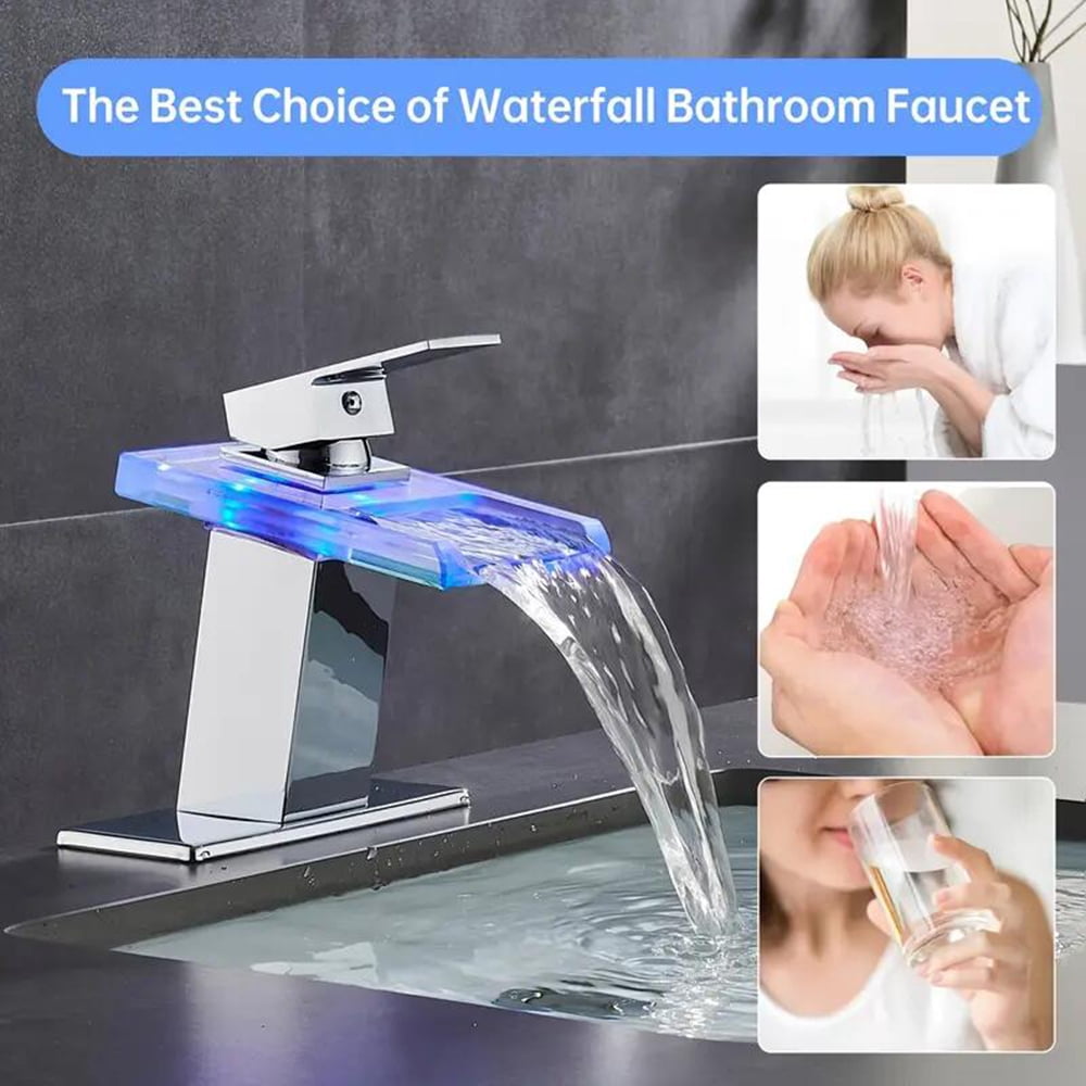 LED Bathroom Sink Faucet Chrome Waterfall Single Hole Handle Vanity Faucet