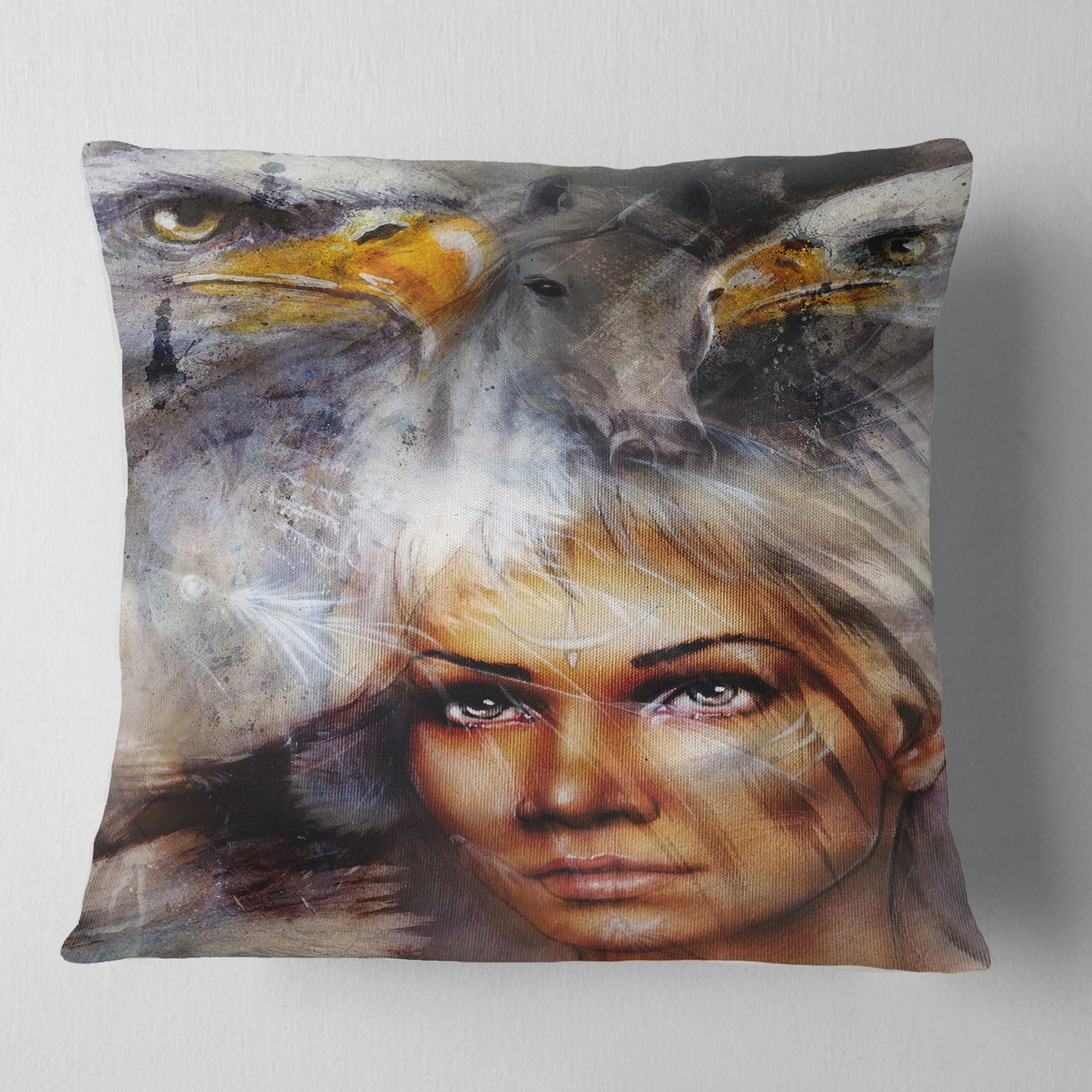 Designart Woman with Flying Eagles - Portrait Throw Pillow - 18x18