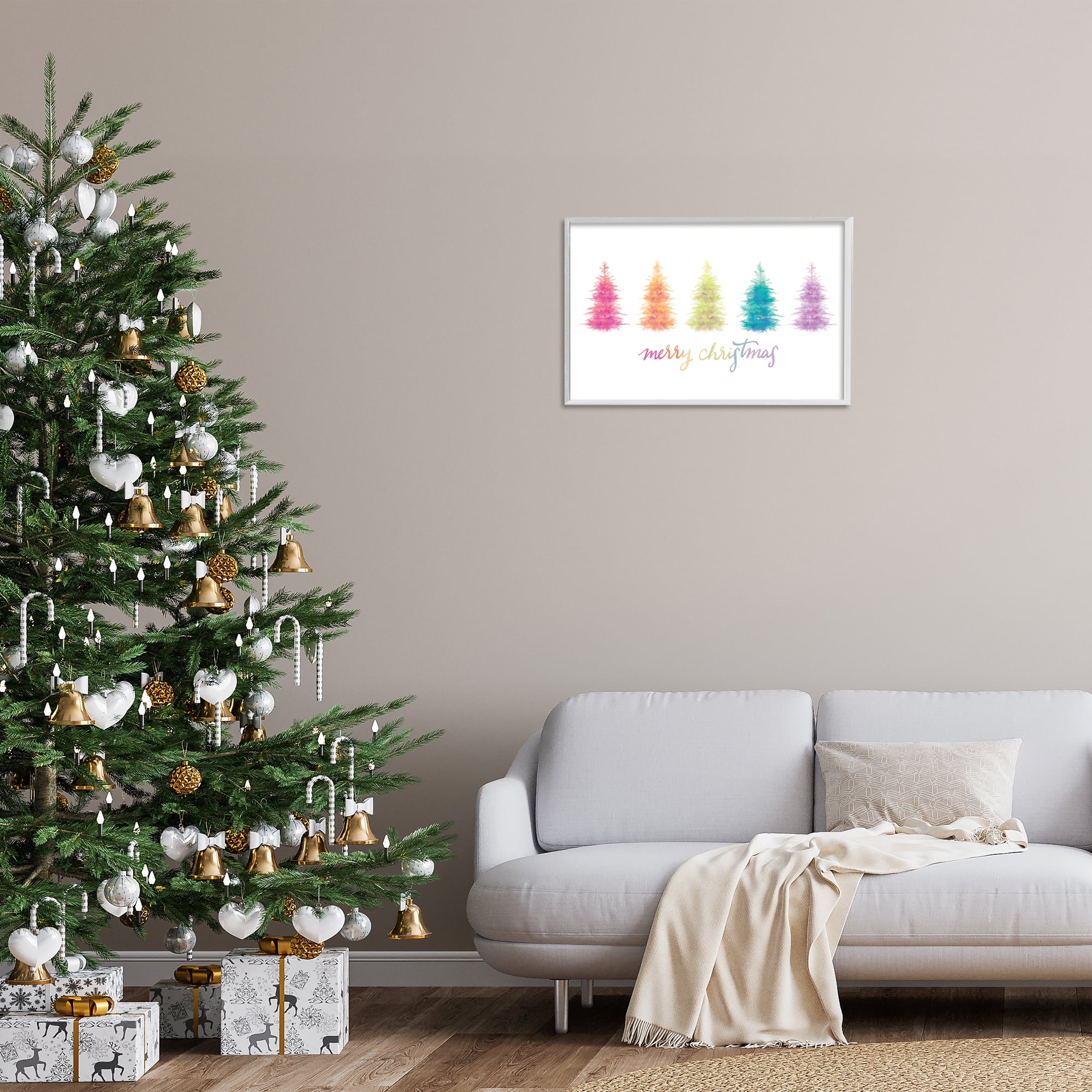 Stupell Industries Rainbow Christmas Trees Holiday Painting White Framed Art Print Wall Art, 24 x 16