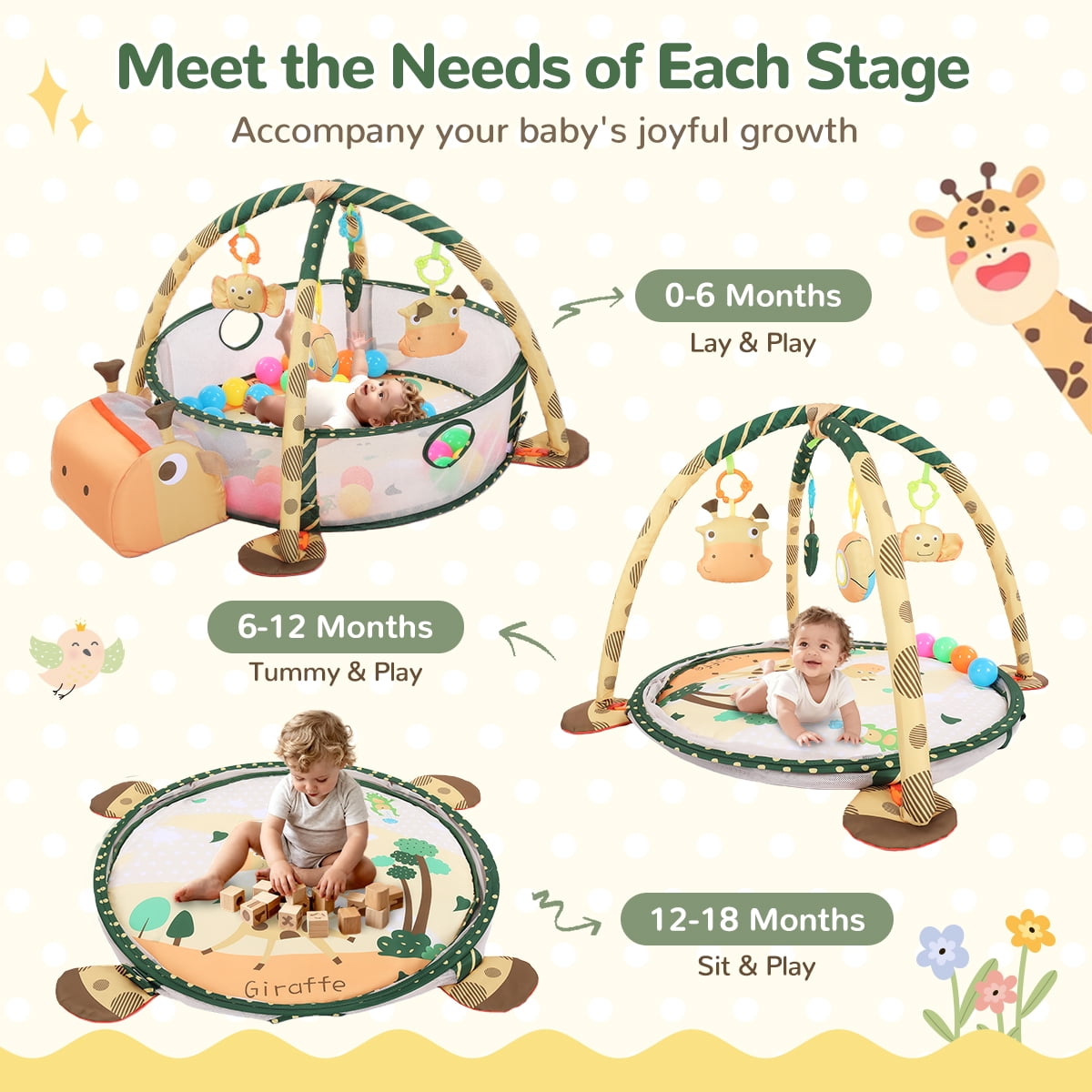 Baby Play Mat, Caveen 3 in 1 Baby Play Gym Activity Mat, with Hanging Toys and Ocean Balls, for Infants Toddlers, Orange Giraffe