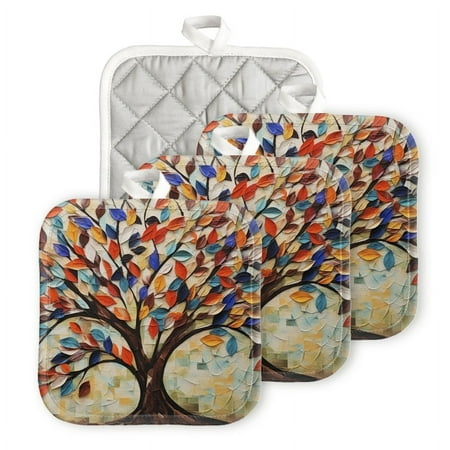 

Bahomeck Heat Resistant Hot Pads 4 Pack Tree With Colorful Leaves Of Different Shapes Square Pot Holder For Kitchen Cooking Oven And Bbq Grill With Hanging Loop Potholder Machine Washable