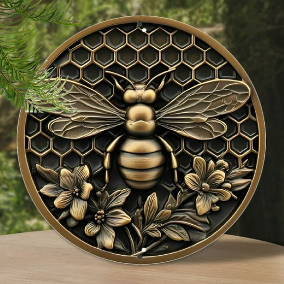 1pc Rustic Vintage Bee and Honeycomb Metal Wall Art, 8x8 inch Round Aluminum Sign with Pre-Drilled Hole, Indoor & Outdoor Garden Yard Decor, All-Season Rust-Free Long-Lasting Protection
