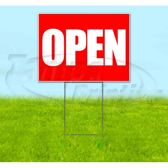 Open Tall Red (18" x 24") Yard Sign, Includes Metal Step Stake