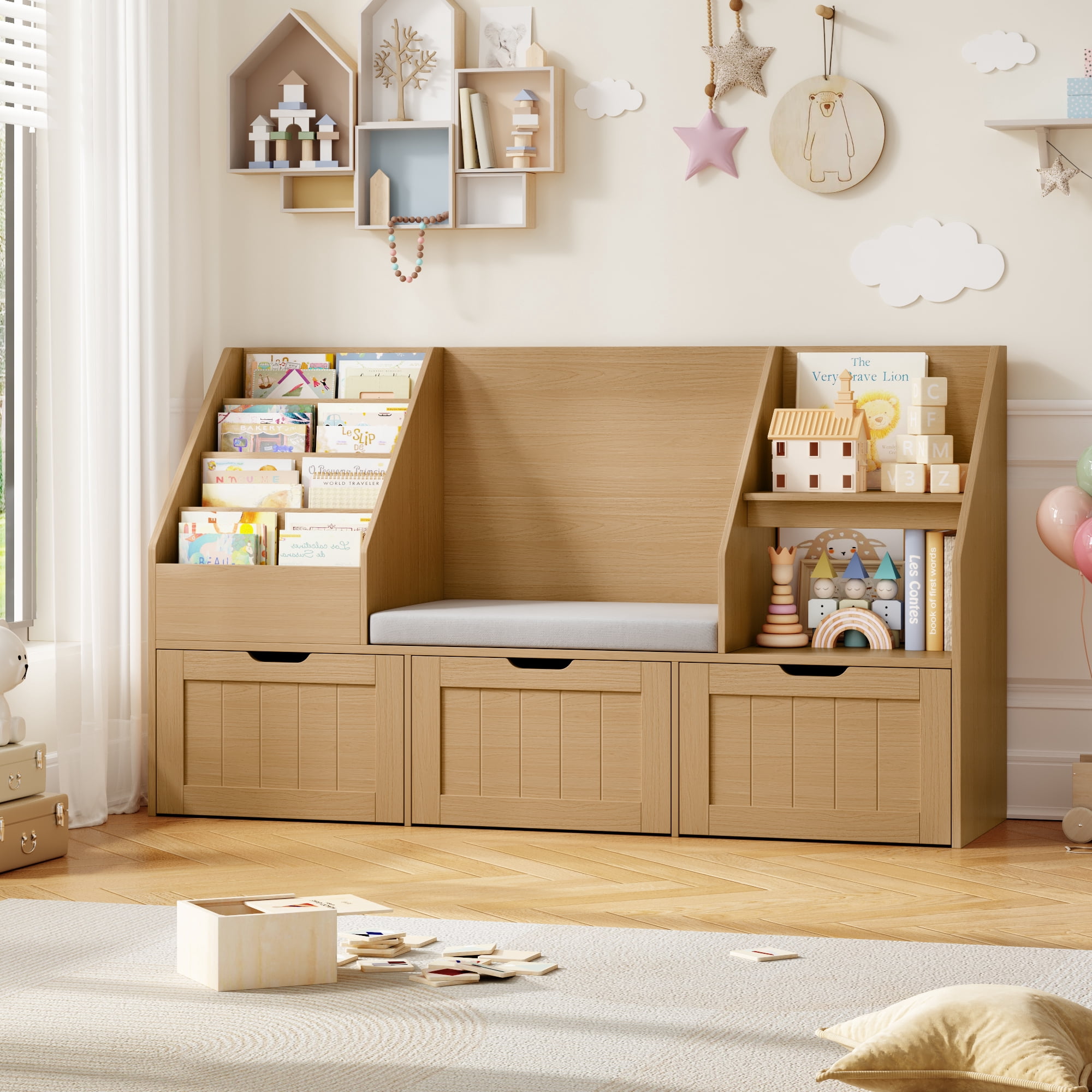 Homfa Kids Bookshelf with Reading Nook & 3 Movable Drawers, 2 Cube
